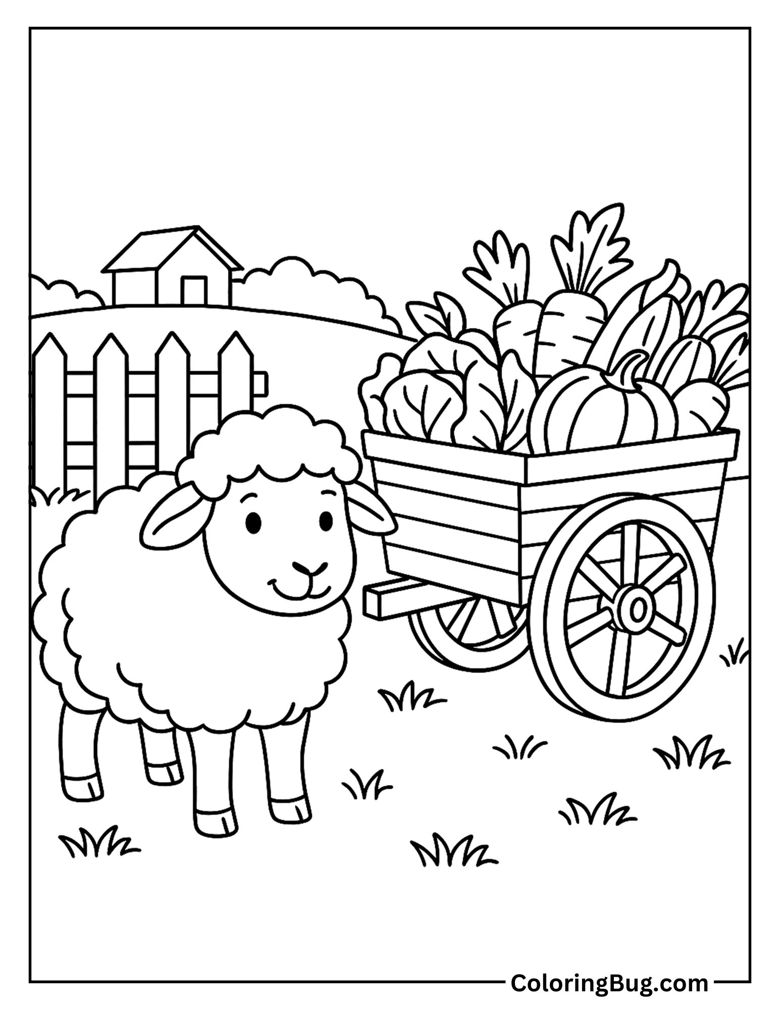 Sheep Near a Cart of Vegetables Coloring Sheet
