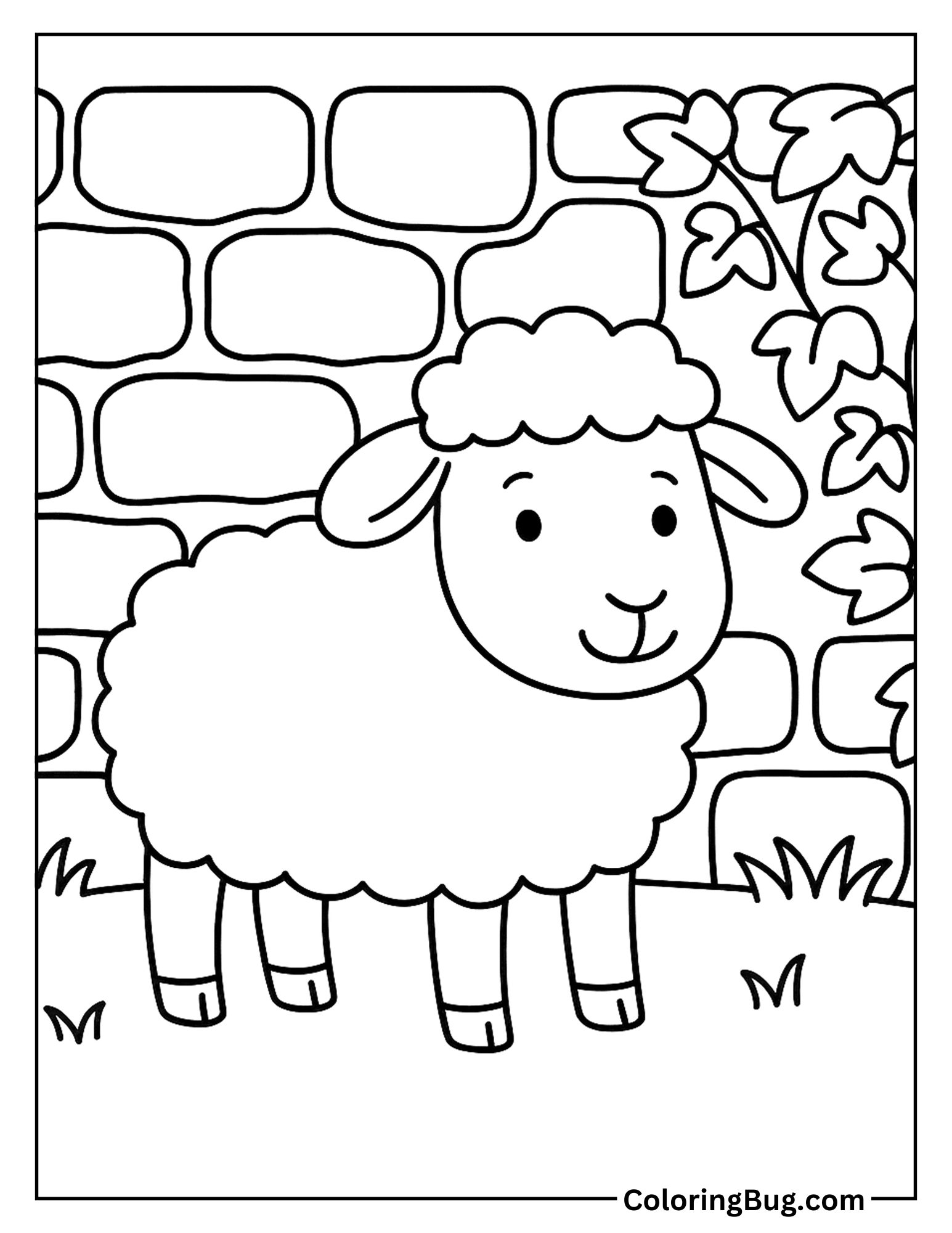 Sheep Near a Stone Wall With Ivy Coloring Sheet