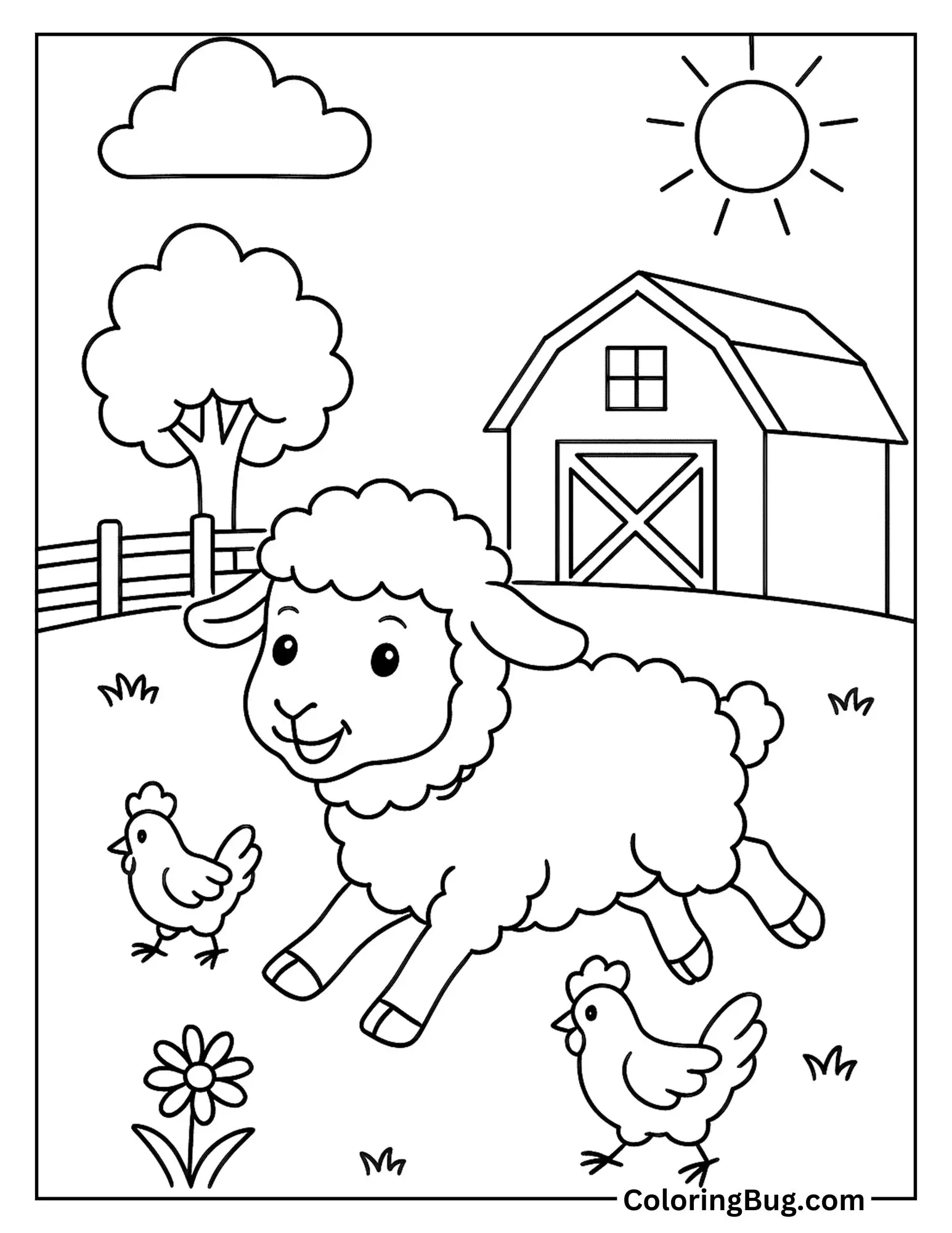 Sheep Running Around Barnyard With Chickens Nearby Coloring Sheet