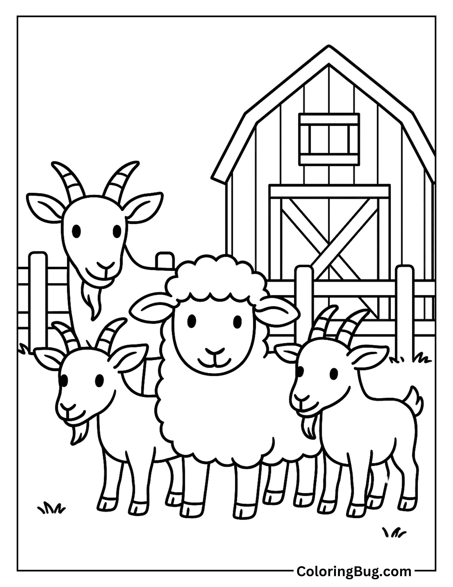 Sheep Standing With Goats Near Farm Coloring Sheet