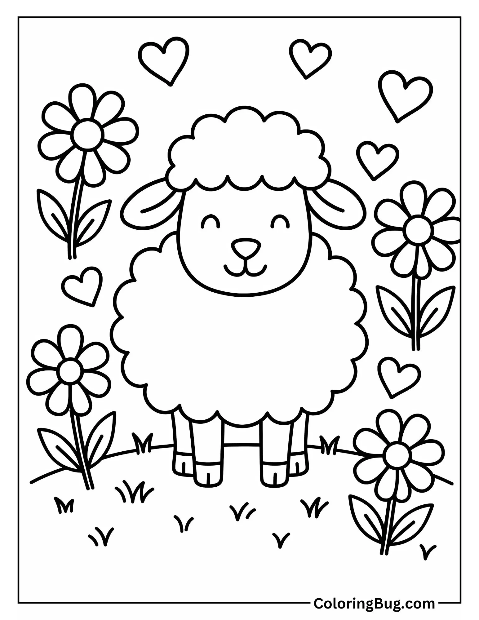 Sheep Surrounded By Hearts And Flowers Coloring Sheet