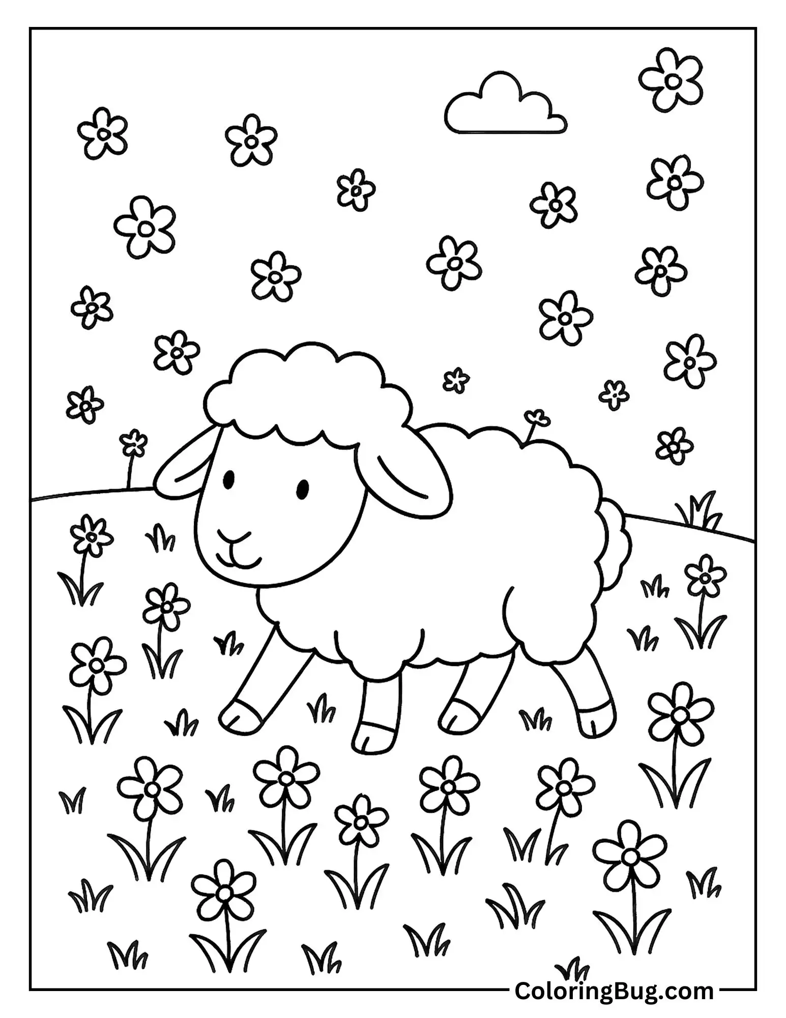 Sheep Walking Through a Field of Spring Flowers Coloring Sheet