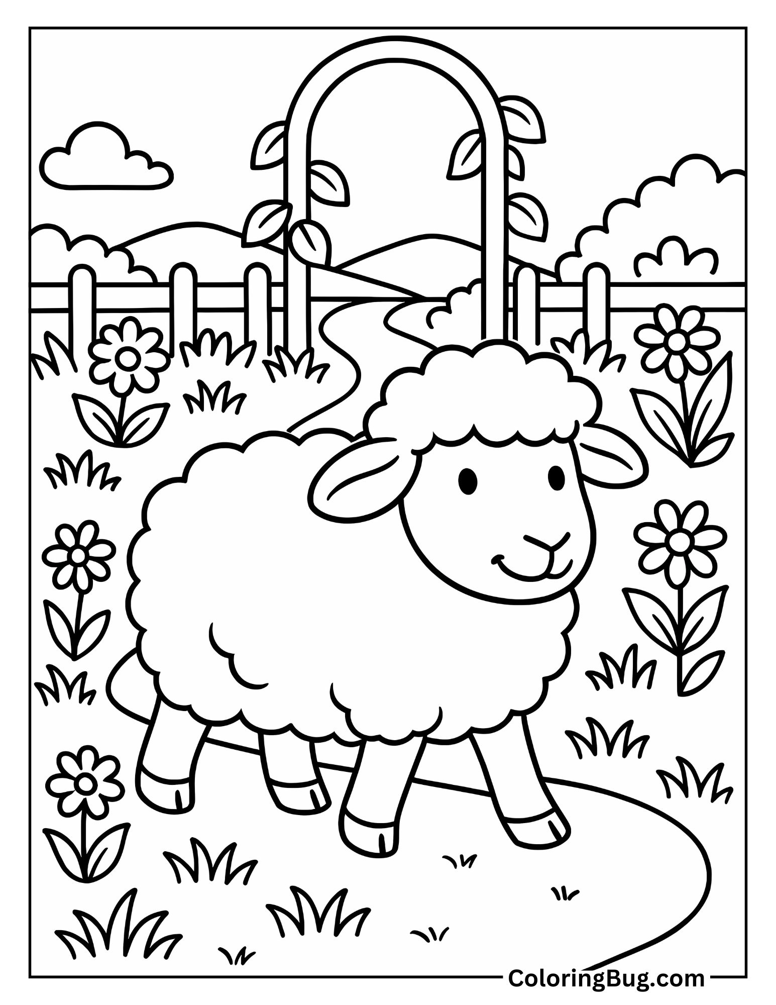 Sheep Walking Through a Garden Path Coloring Sheet