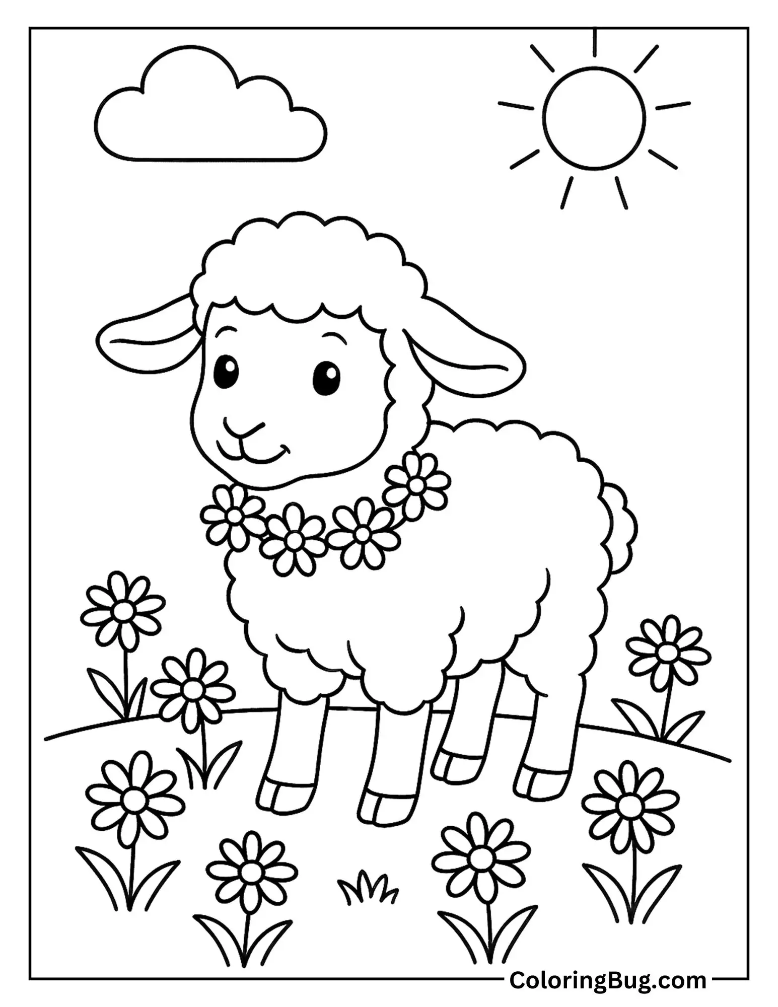 Sheep Wearing Flowers Necklace Coloring Sheet