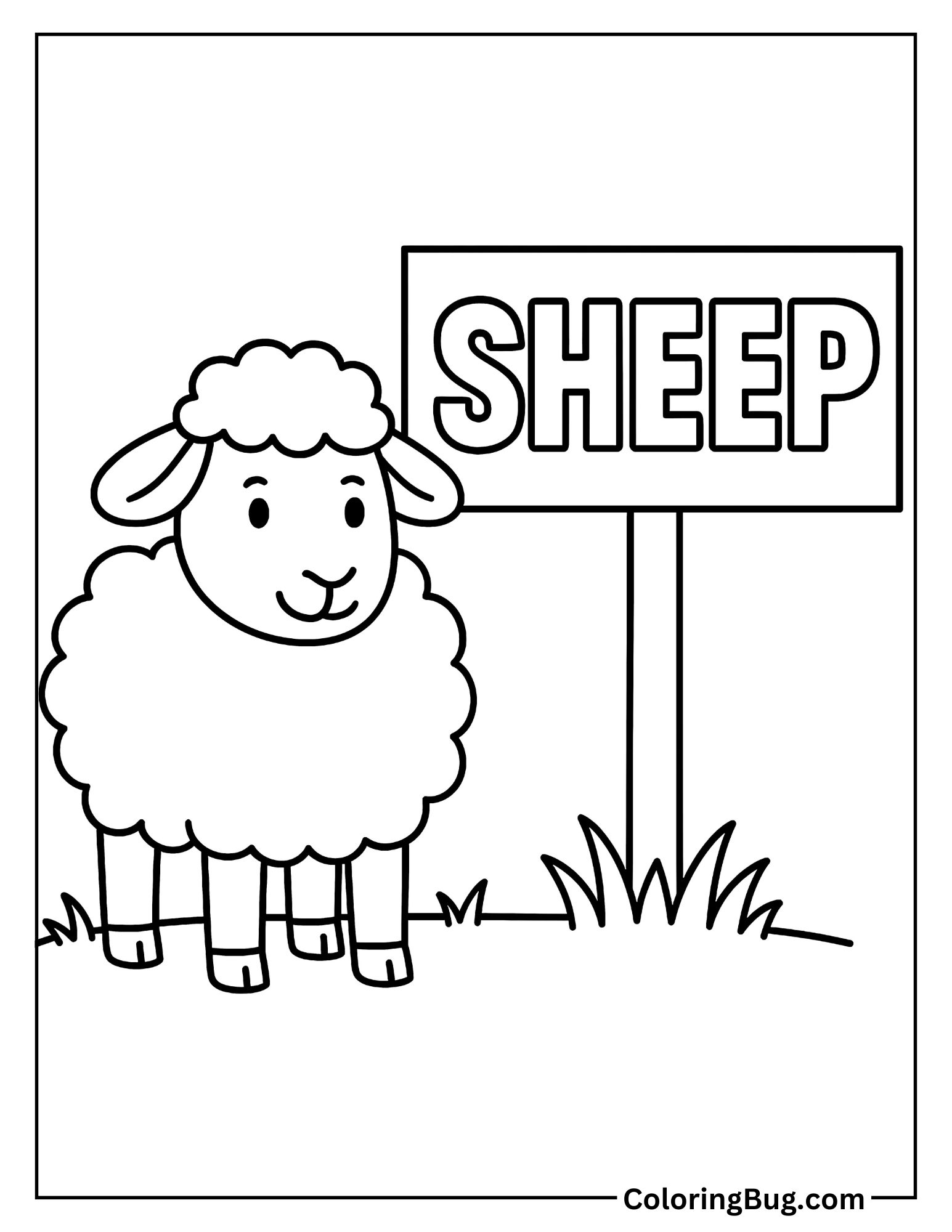 Sheep With Sign "Sheep" Coloring Sheet