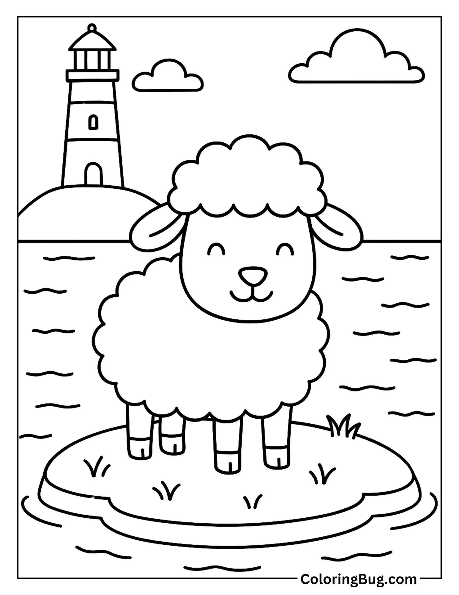 Sheep on a Grassy Island Coloring Sheet