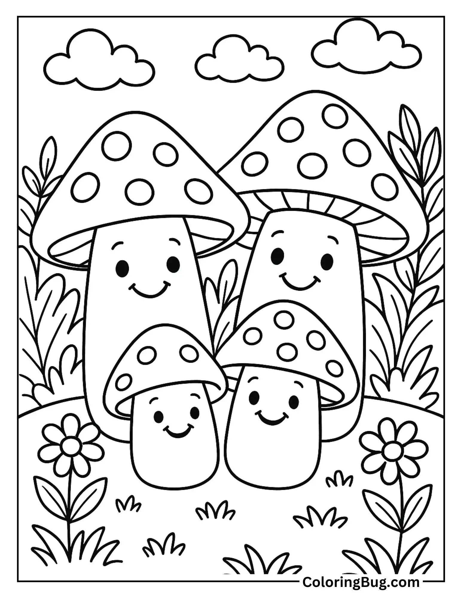 Smiling Mushroom Family in Garden Coloring Sheet