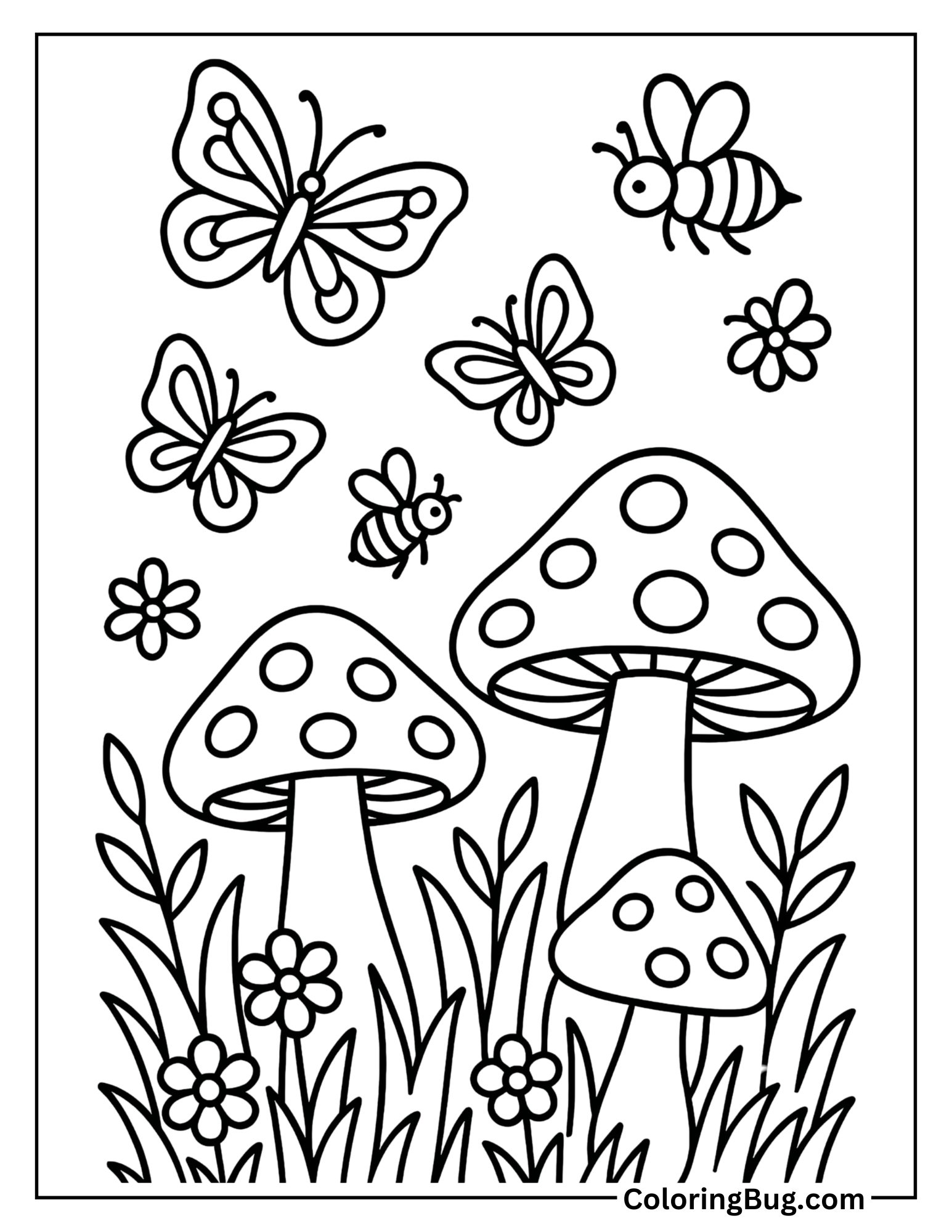 Summer Mushrooms with Butterflies and Bees Coloring Sheet